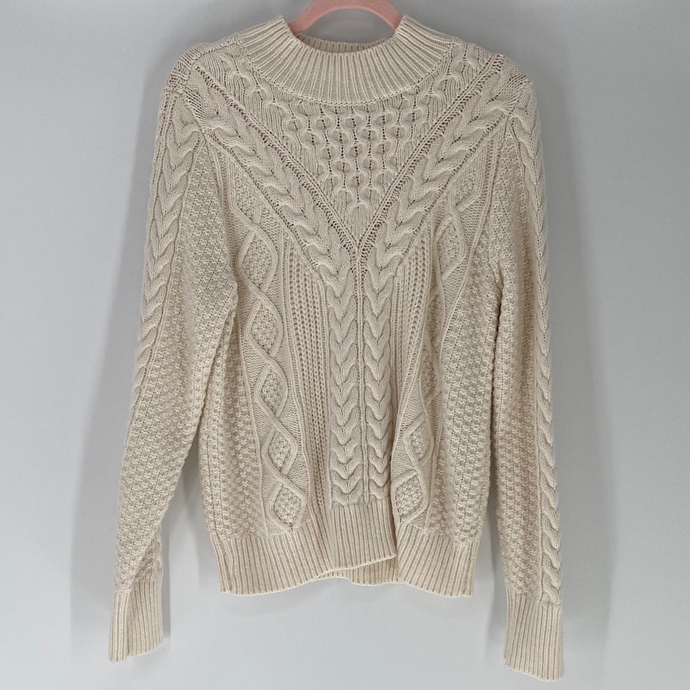 PHILOSOPHY Cable Knit Sweater Mock Turtleneck Ivory Large Cozy Cotton Blend